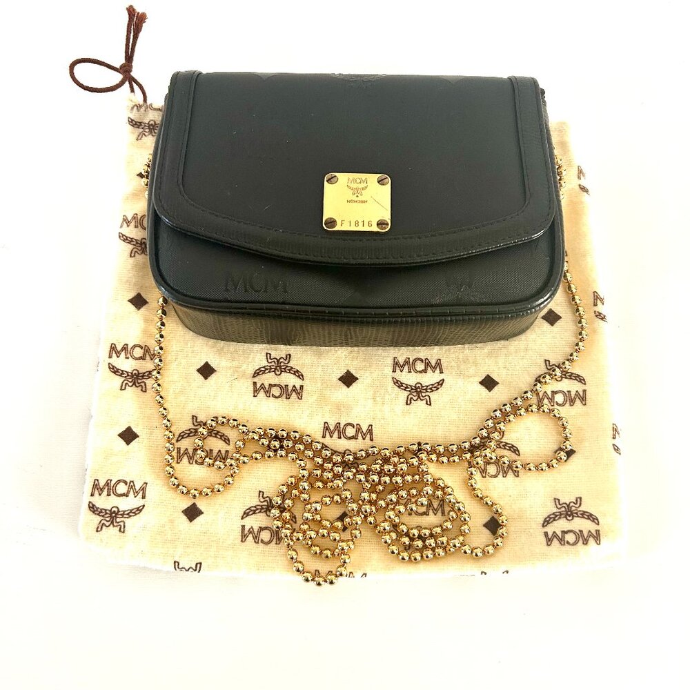FINAL DROP!  MCM Monogrammed Canvas Leather Mini Crossbody Bag Gold Chain Strap